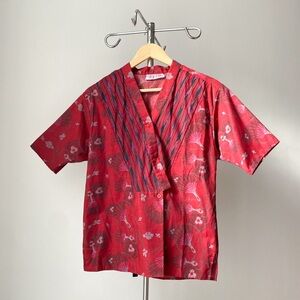 ❄️ Vintage 80s Red & Mauve Floral Oriental Fan Short-Sleeve Kimono-Style Blouse